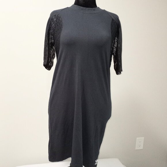 ADIDAS BLACK T-SHIRT DRESS WITH SHEER SHORT SLEEVES WOMEN SIZE S/M - Picture 1 of 8